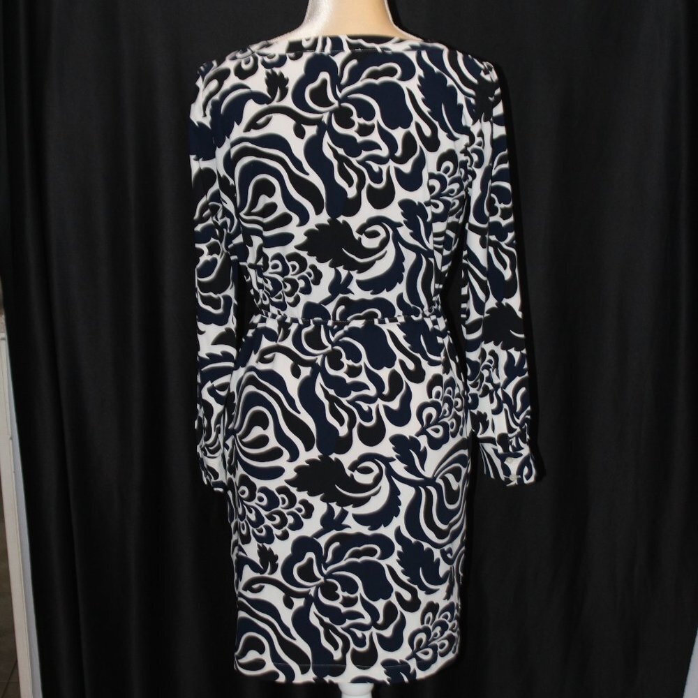 Loft Navy Black and White Long Sleave Straight lined Floral Dress with Tie - Picture 7 of 13